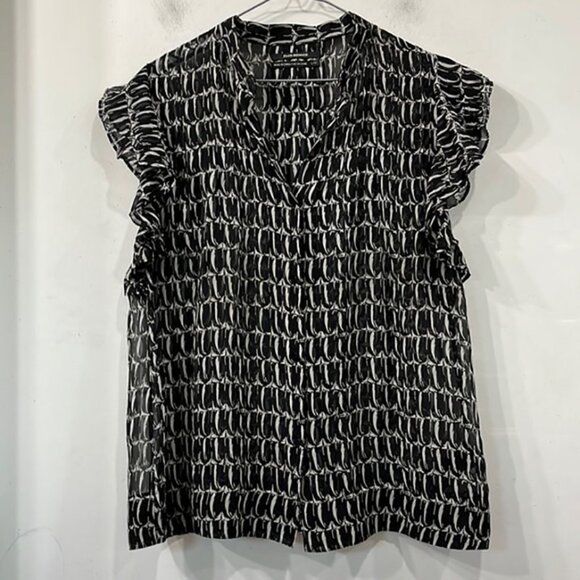 Club Monaco Semi Sheer Silk Black White Buttoned Blouse Top Large - Picture 1 of 11